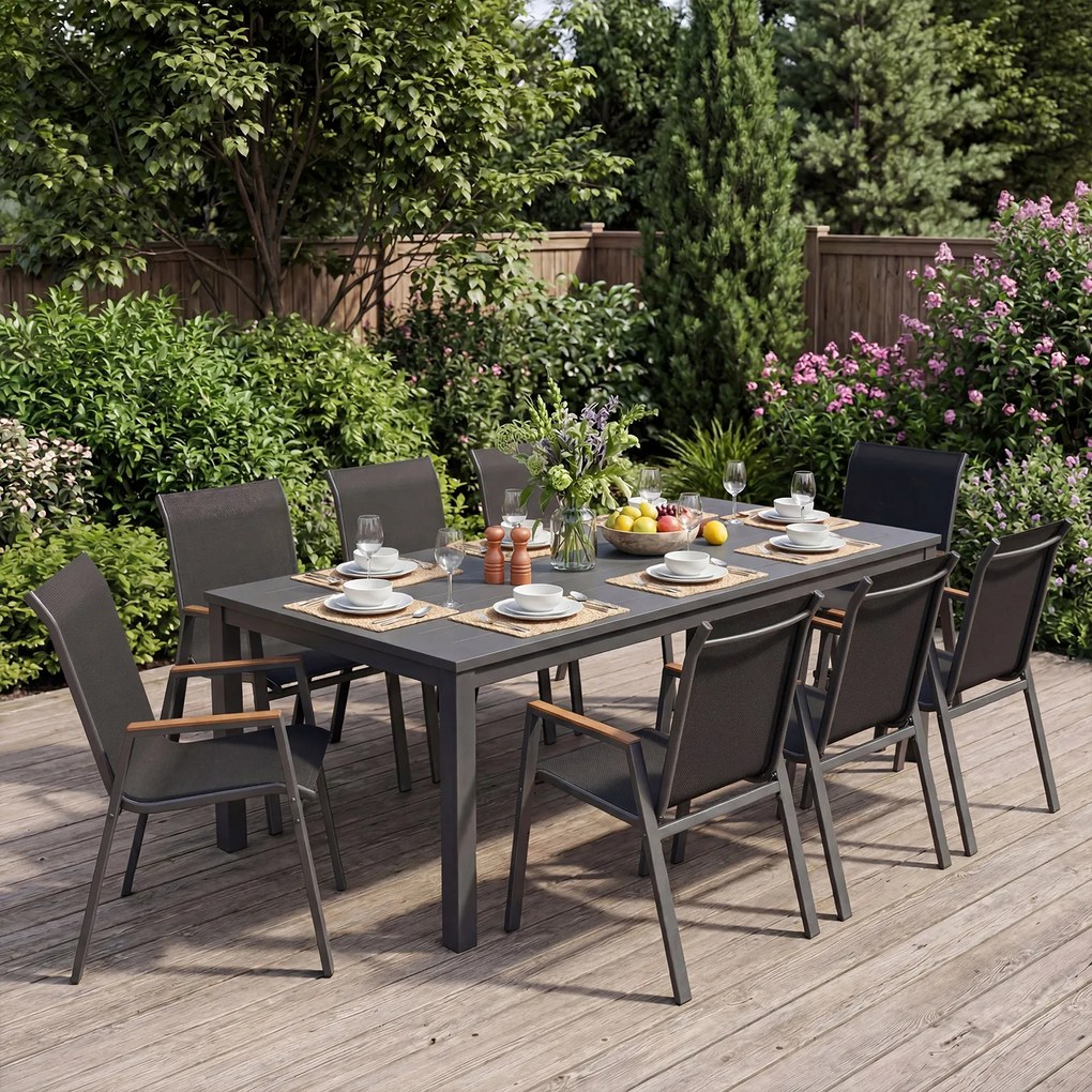 Conjunto de 6 Cadeiras de Jardim Empilháveis (PACOTE SÓ INCLUI 6 CADEIRAS, MESA NÃO INCLUIDA), 56 x 66 x 88 cm, Encosto Alto Ergonómico, Preto