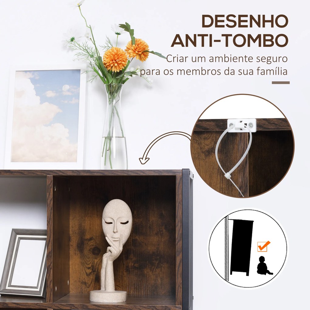 HOMCOM Estante Estilo Industrial de 4 Níveis Estante de Madeira com 7 Compartimentos para Sala de Estar Escritório Estúdio Anti-Tombo 74x30x155cm Marrom Rústico