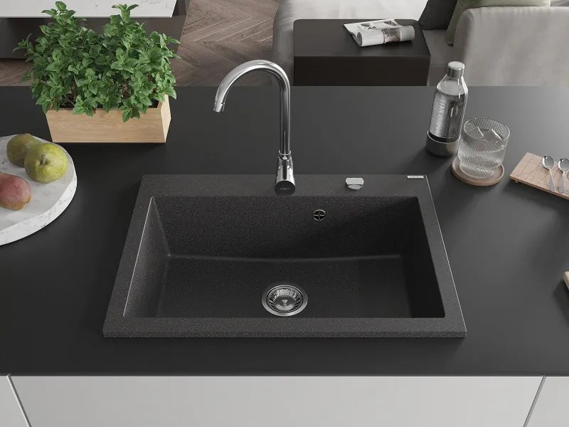Mexen Elix lava-louça em granito de 1 cuba 700 x 500 mm, preto salpicado, sifão cromado - 6526701005-76