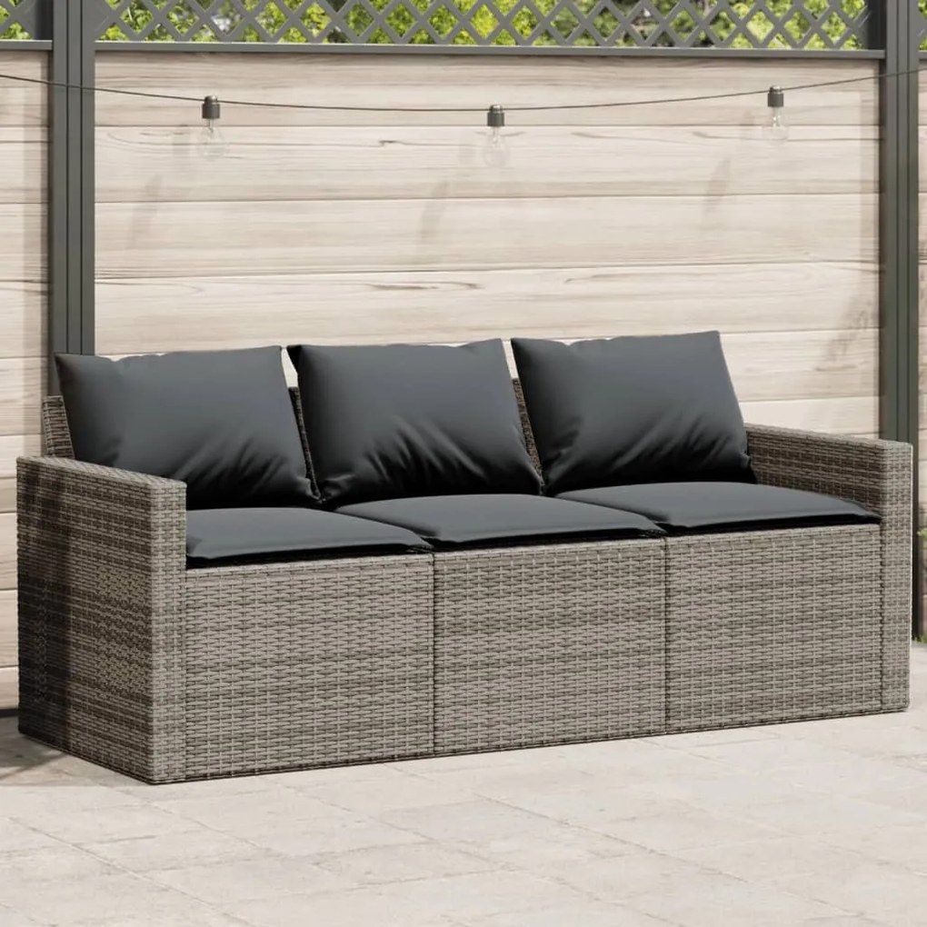 vidaXL Sofá de jardim de 3 lugares com almofadões vime PE cinzento