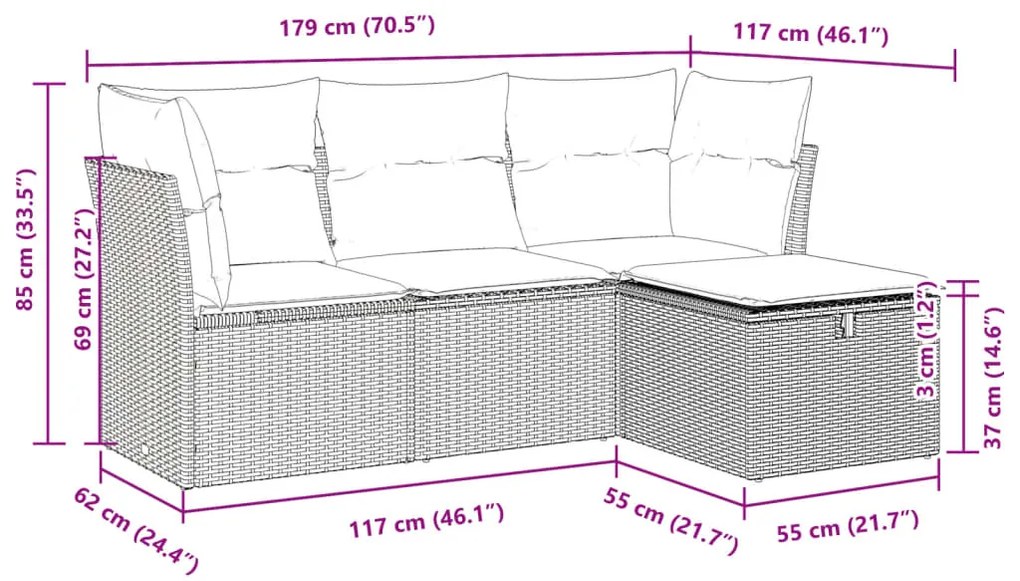 4 pcs conj. sofás jardim c/ almofadões vime PE cinzento-claro