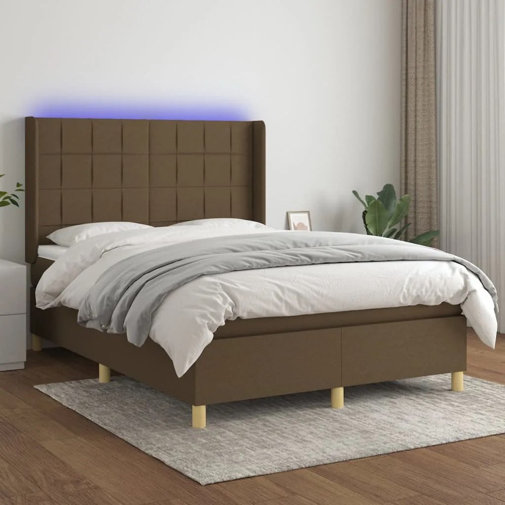 Cama box spring c/ colchão/LED 140x200cm tecido castanho-escuro