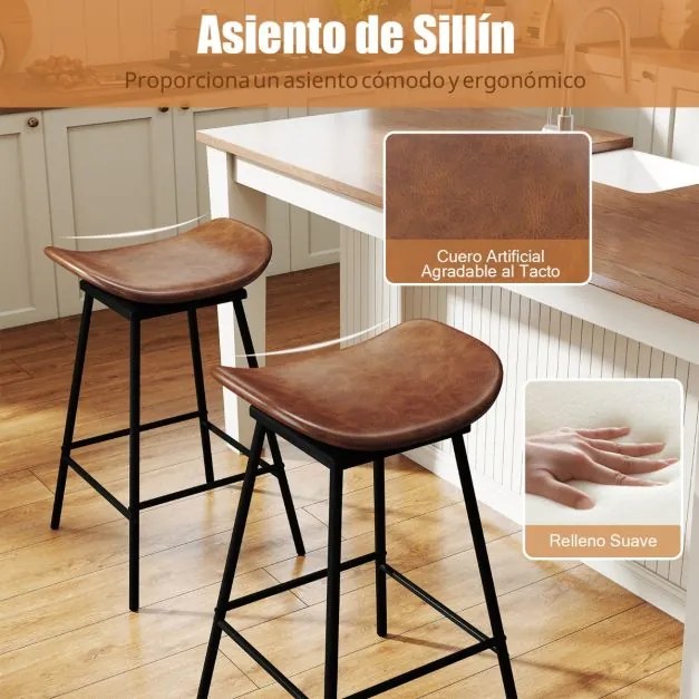 Conjunto de 2 bancos de bar  43 x 45 x 71,5 cm com assento acolchoado e curvado, apoio para os pés e sem encosto para cozinha ou sala de jantar, casta