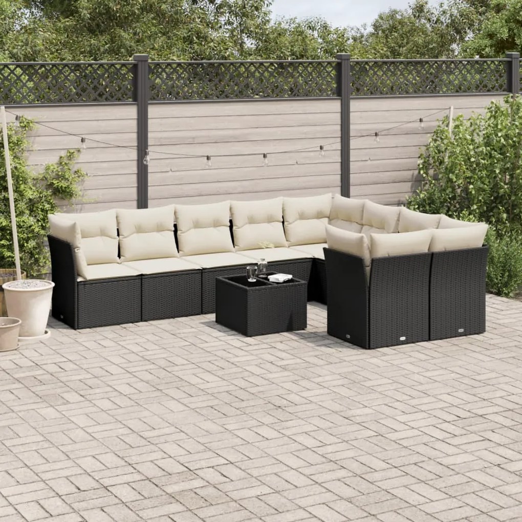 10 pcs conjunto sofás de jardim c/ almofadões vime PE preto