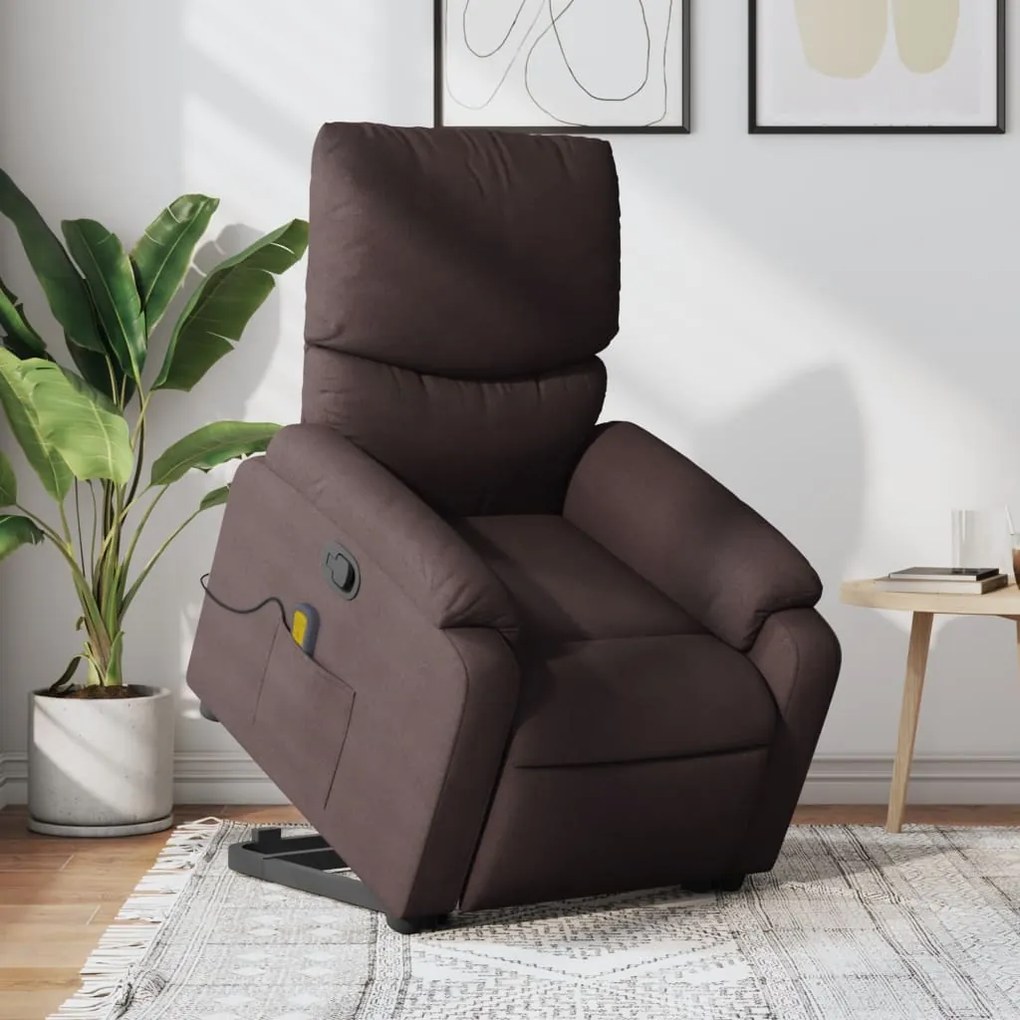 vidaXL Poltrona massagens reclinável elevatória tecido castanho-escuro