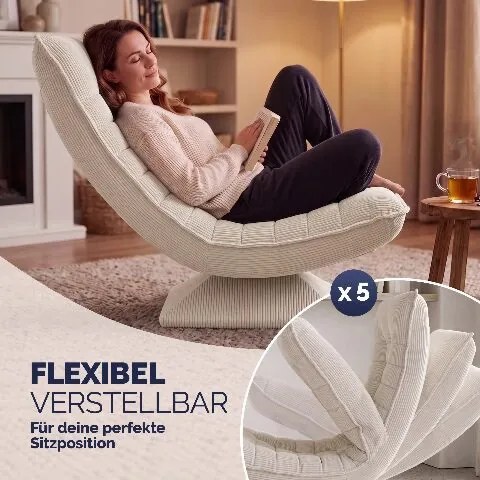 Poltrona em veludo cotelê Aberdeen, ajustável em 5 posições, giratória a 360°, dobrável creme
