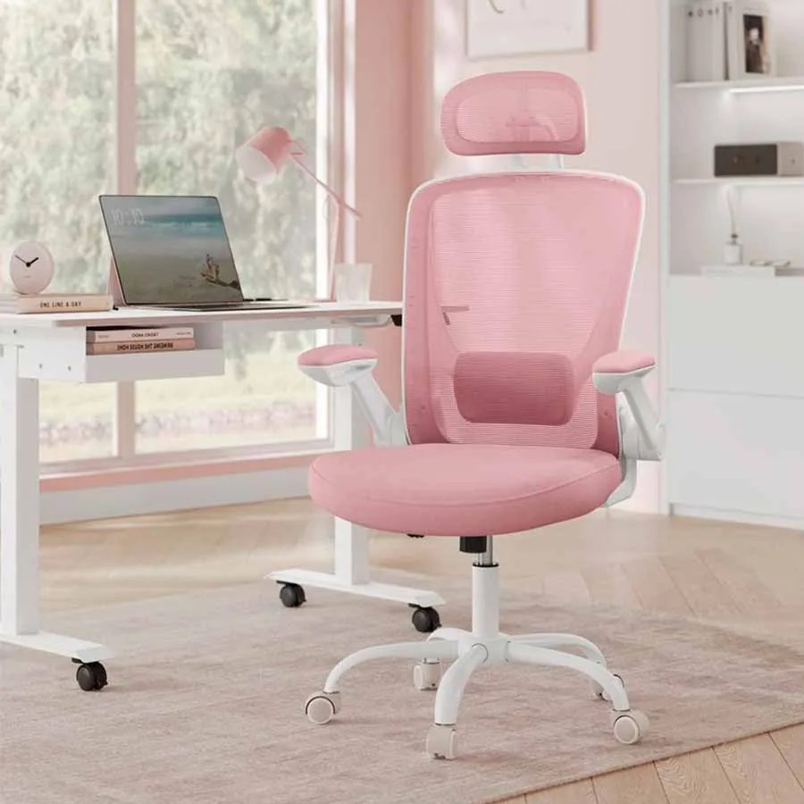 Cadeira de escritório ergonómica com função de baloiço rosa pastel