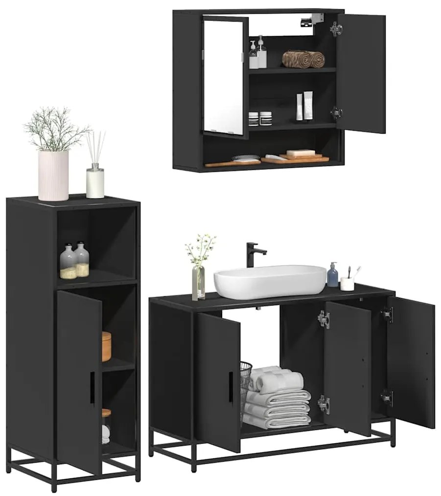 vidaXL 3 pcs conjunto móveis casa de banho derivados de madeira preto