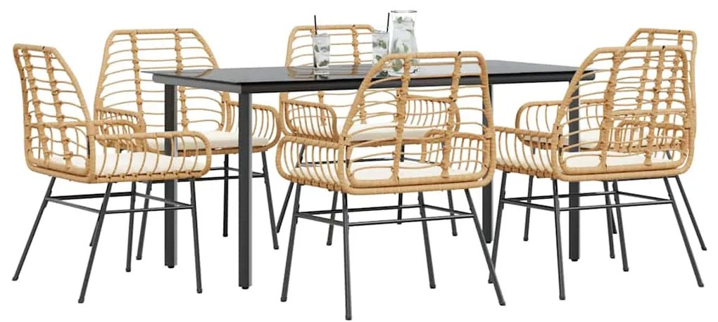 Conjunto jantar jardim 7 peças almofadas vidro vime PE castanho