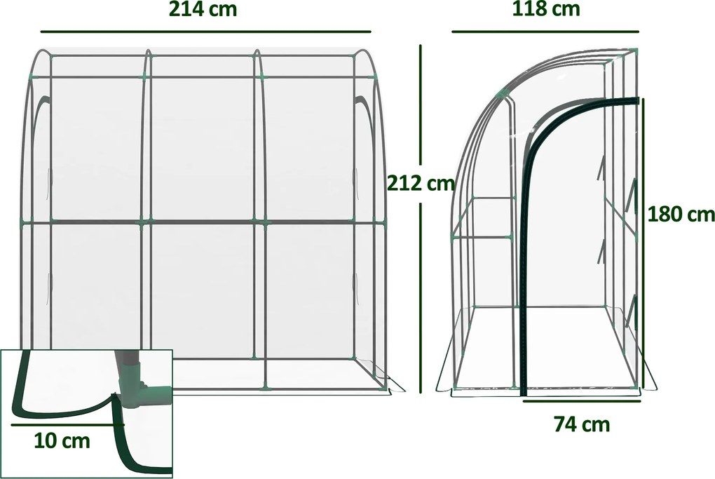 Estufa de jardim encostada, estufa de varanda, lona reforçada em PVC, 2 portas enroláveis, 214 x 118 x 212 cm, transparente