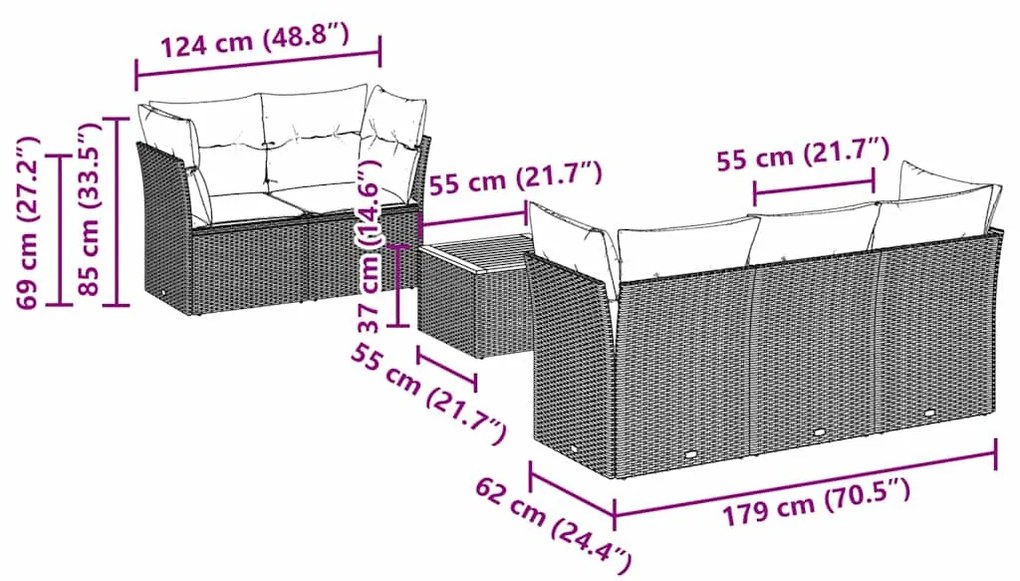 6 pcs conjunto sofás de jardim c/ almofadões vime PE preto