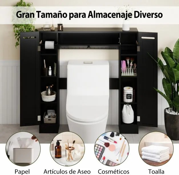 Estante sobre sanita 89 x 19,5 x 99 cm de casa de banho com prateleiras ajustáveis com suporte para papel higiênico Porta basculante Preto