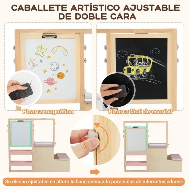 Conjunto de mesa e banco de arte para crianças com cavalete ajustável de dupla face, quadro magnético e rolo de papel Rosa