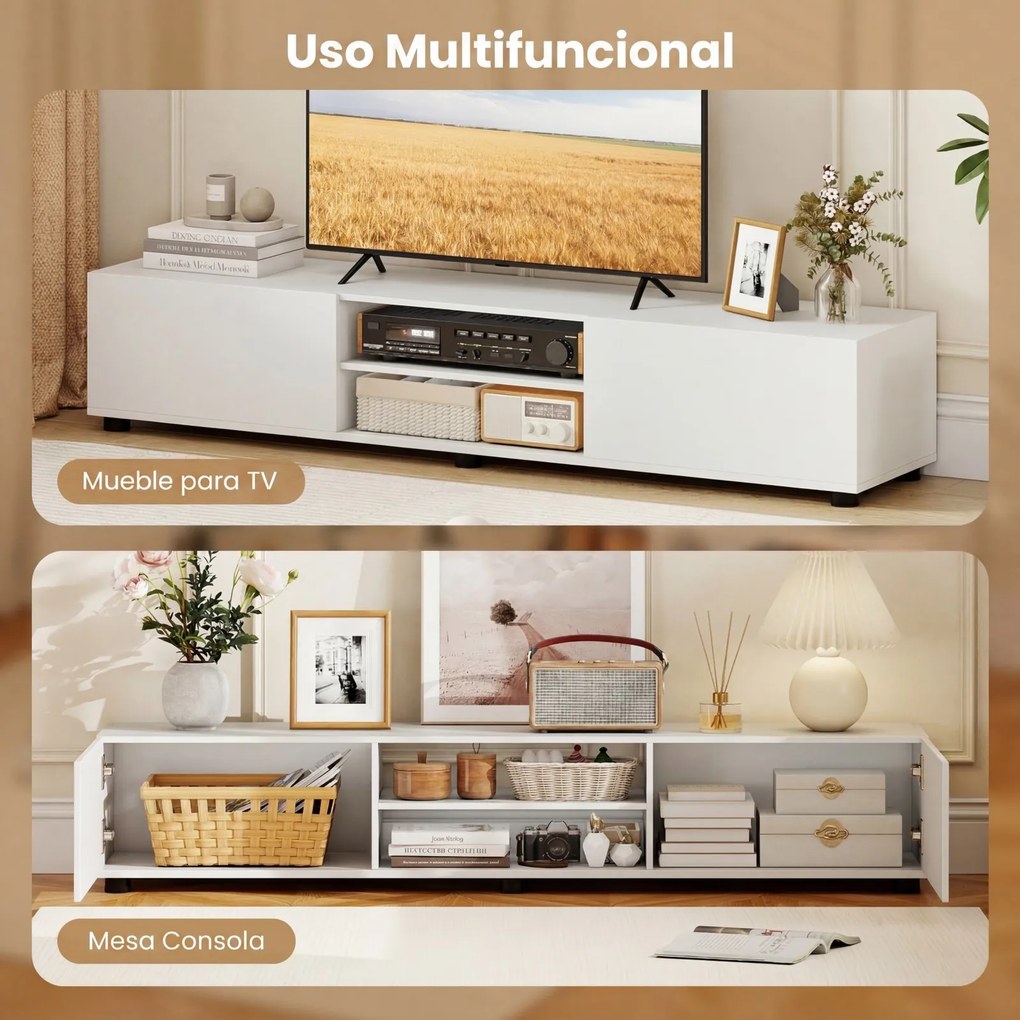 Móvel para TV, 160 x 35 x 30 cm, Com Estantes Abertas e Portas, Branco