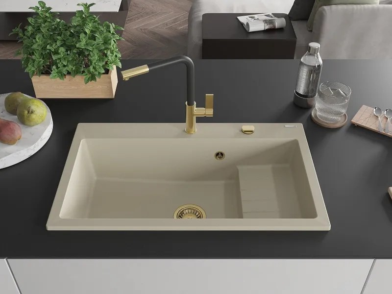Mexen Omar lava-loiça de granito de 1 cuba 800 x 480 mm, bege, sifão dourado - 6520801005-69-G