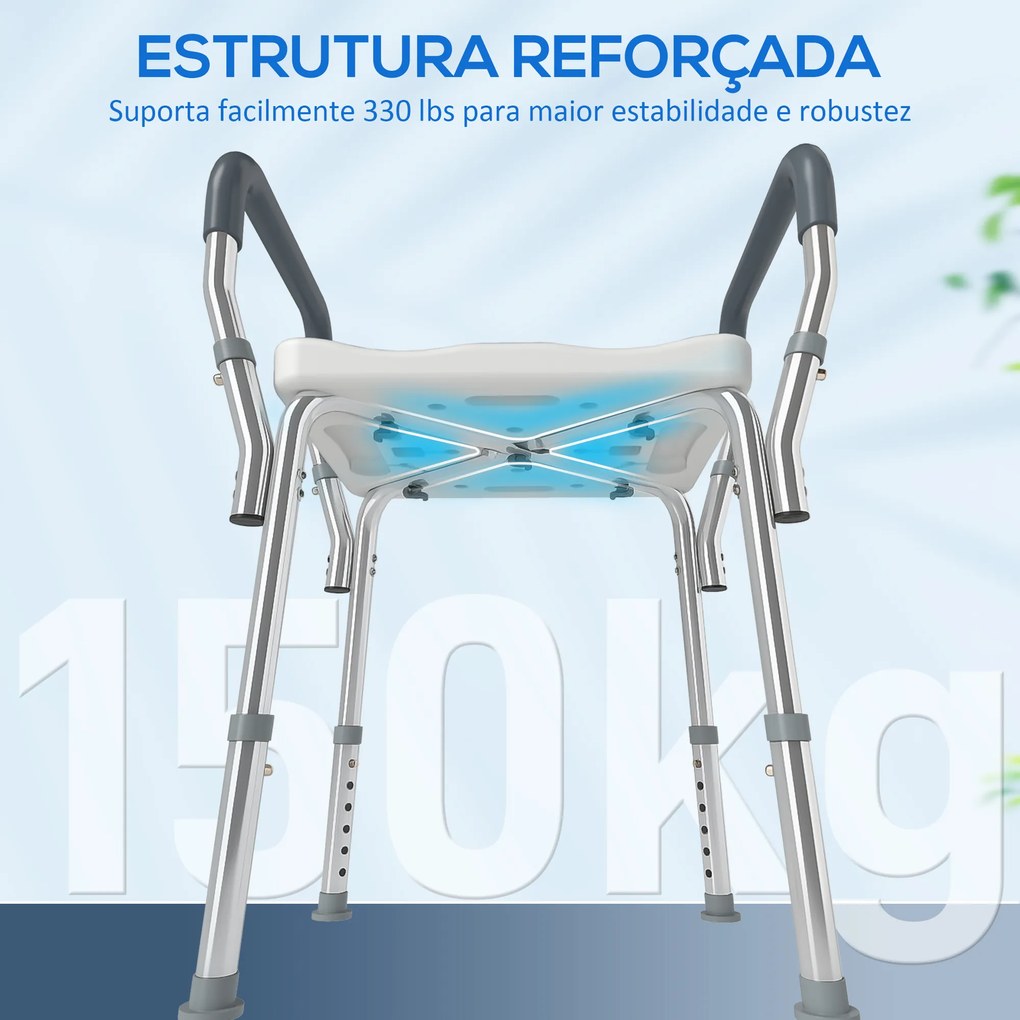 Banco de Duche com Altura Ajustável Banco de Duche de Alumínio Antiderrapante para Idosos e Descapacitados 52x45x57-69 cm Cinza