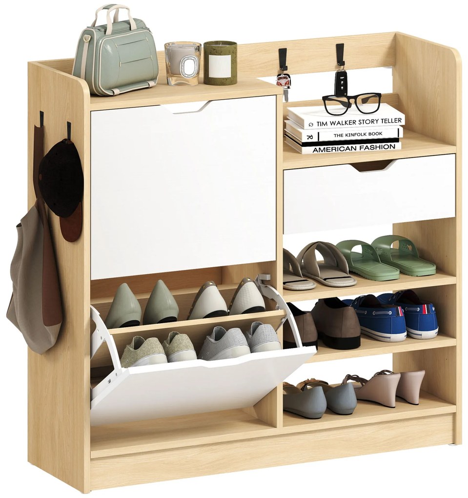 HOMCOM Sapateira Estreita com 2 Portas Sapateira para Entrada com Prateleiras Ajustáveis Gaveta Prateleiras Abertas 4 Ganchos para 14 Pares de Sapatos 93x30x90 cm Madeira e Branco