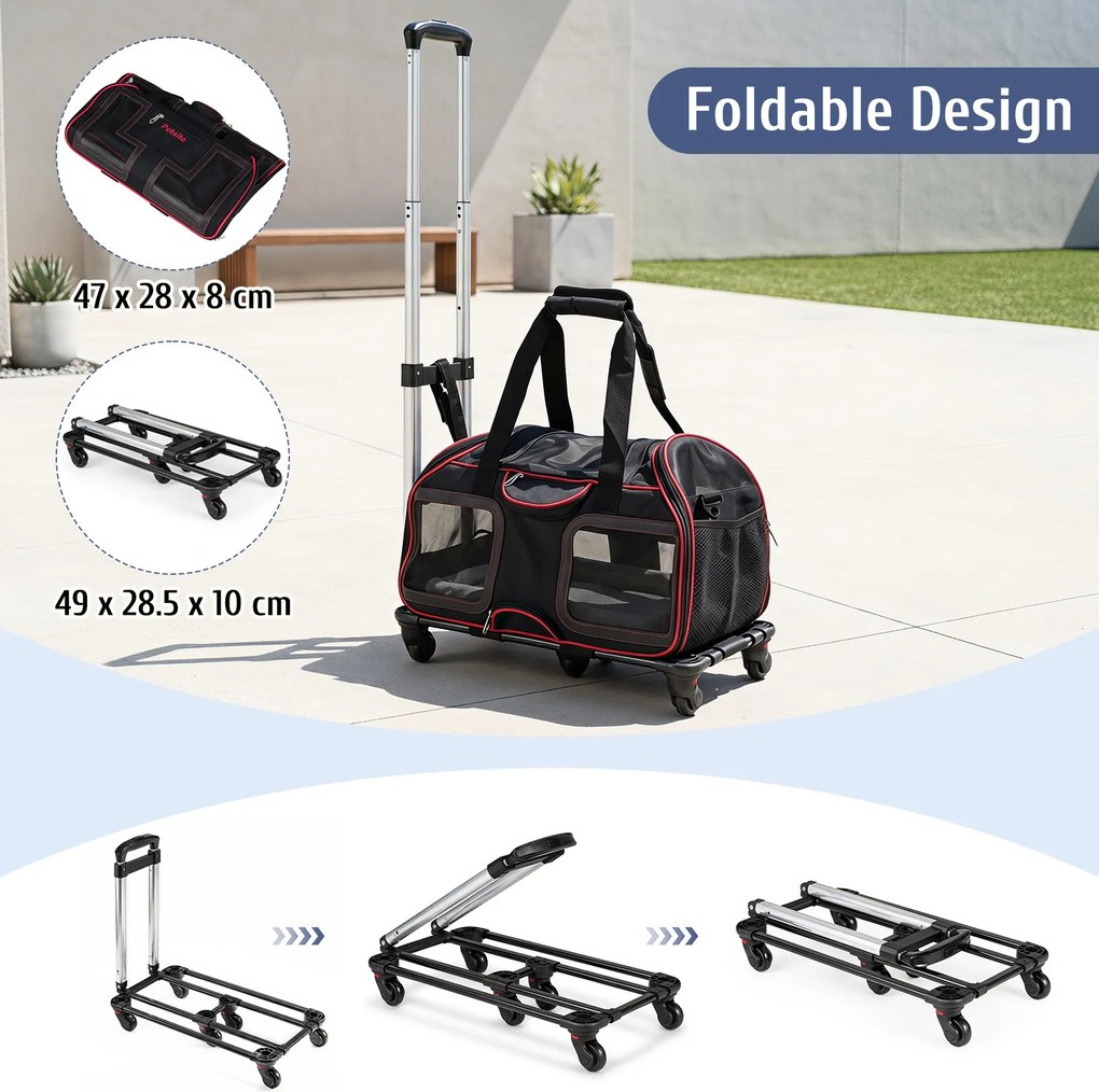 Transportadora para Animais de Estimação com Rodas, 47 x 31,5 x 37 cm, Pega Telescópica Ajustável, Vermelho