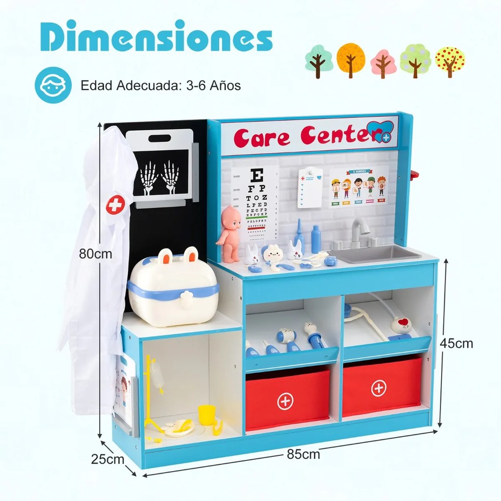 Consultório médico em madeira para Crianças 85 x 25 x 80 cm com área de exame, filme de raios X, monitor de ECG e tabela optométrica Azul