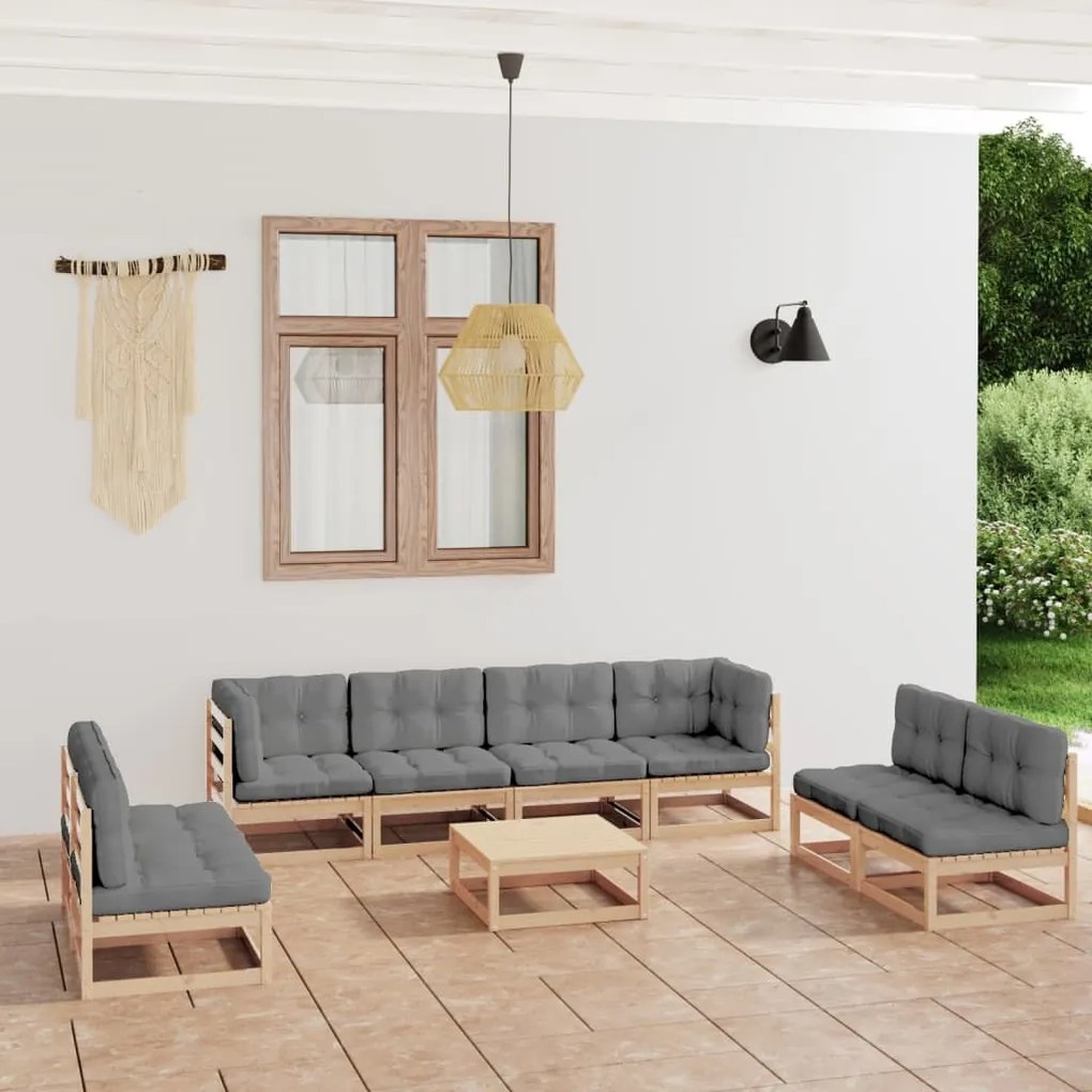 vidaXL 9 pcs conjunto lounge de jardim c/ almofadões pinho maciço