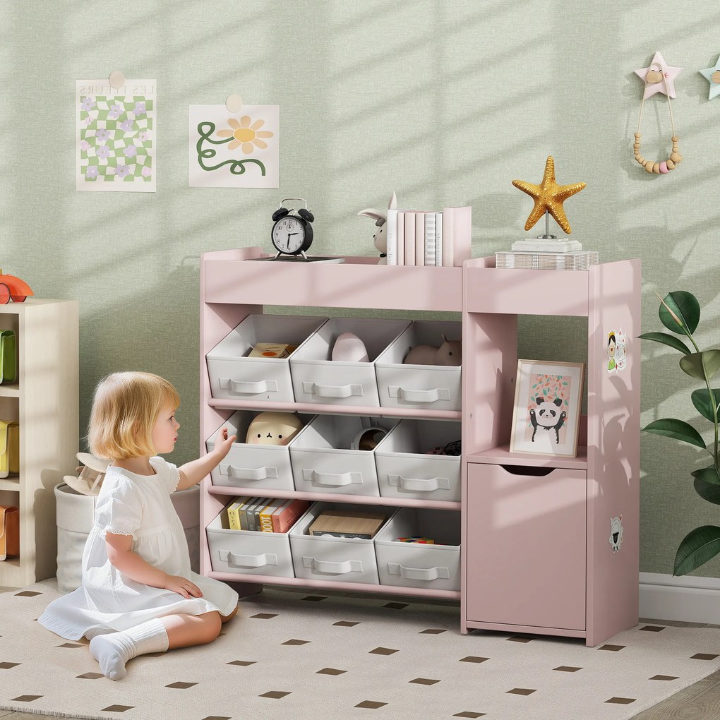 Móvel de arrumação infantil 92 x 30 x 80 cm estante para brinquedos com 9 gavetas em tecido e armário, cor-de-rosa