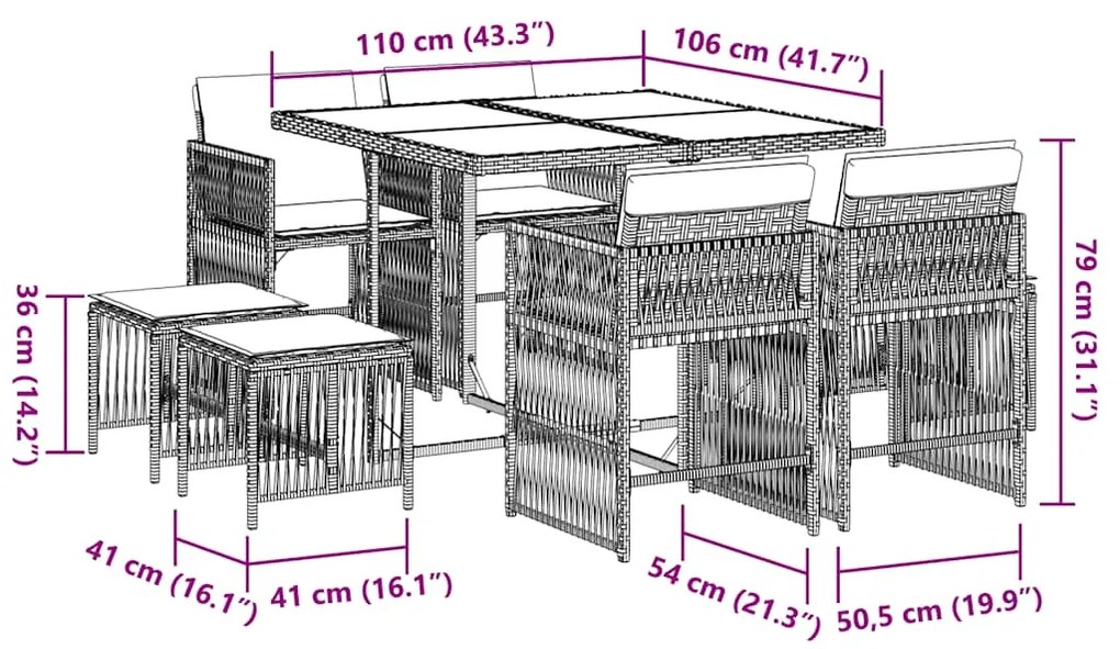 9 pcs conjunto de jantar p/ jardim c/ almofadões vime PE cinza