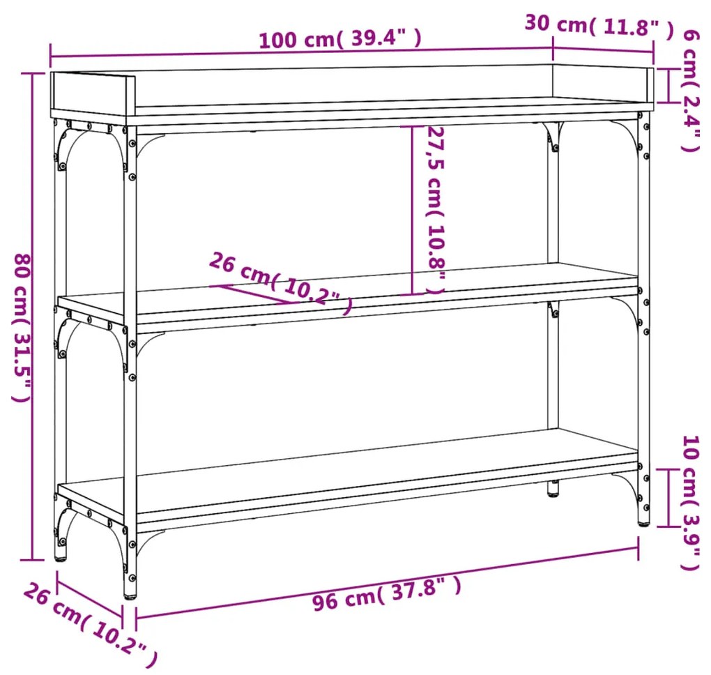 Mesa consola c/ prateleiras 100x30x80 cm carvalho sonoma