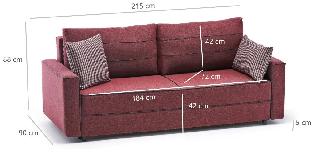 Sofá-Cama de 3 Lugares Ece – Vermelho Claret – 215 x 88 x 90 cm