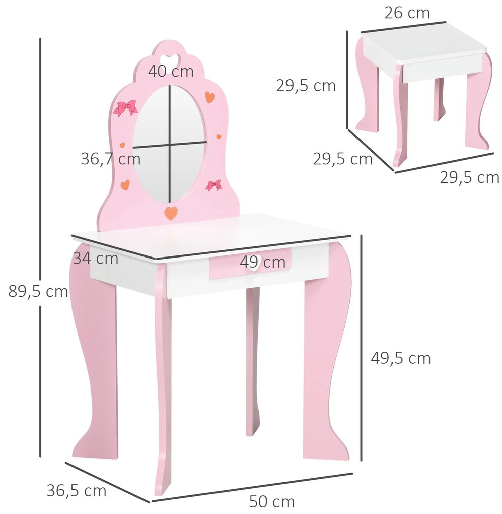 Toucador Infantil com Banco e Espelho Toucador Infantil de Madeira com Gaveta Mesa de Maquilhagem para Crianças entre 3-6 Anos 50x36,5x89,5cm Rosa
