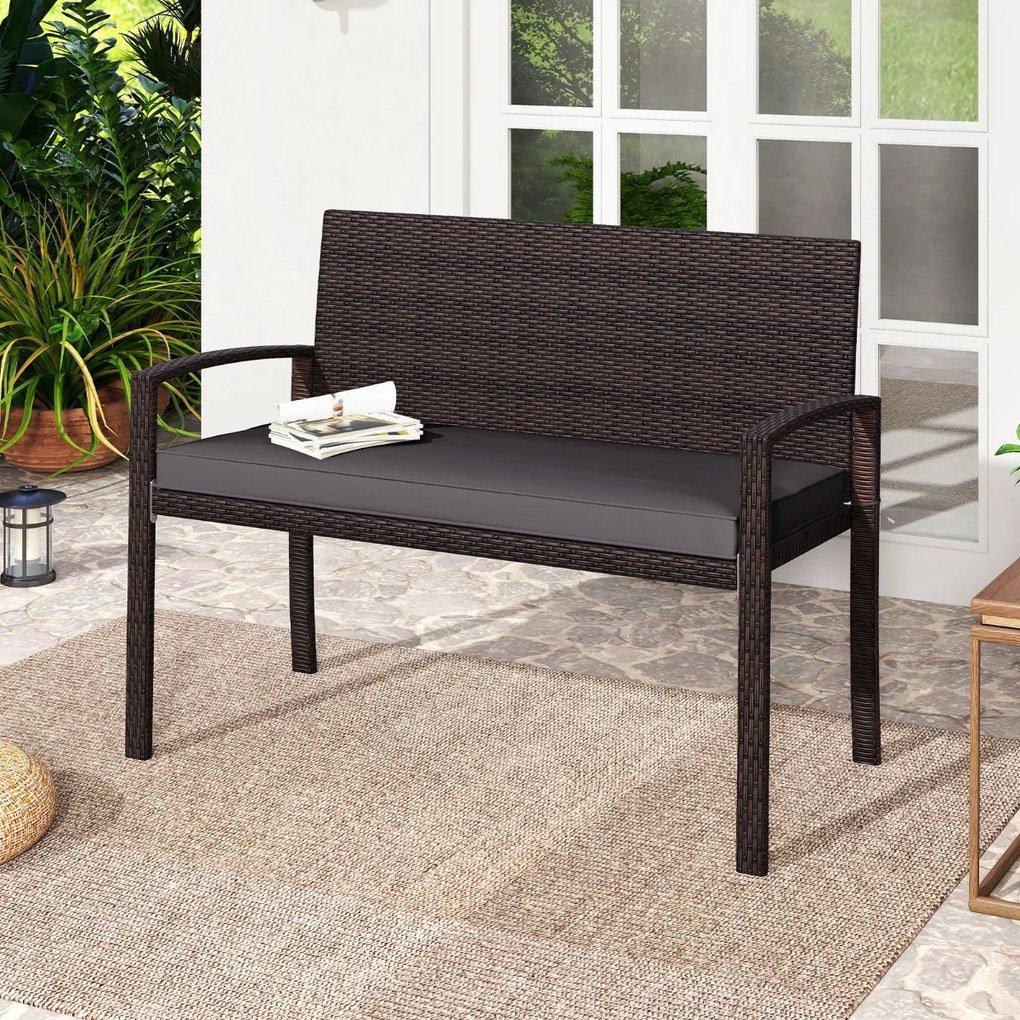 Banco jardim de vime para 2 pessoas 10 x 56 x 84 cm com almofada acolchoada, assento macio, encosto e apoios para os braços - castanho e cinzenta