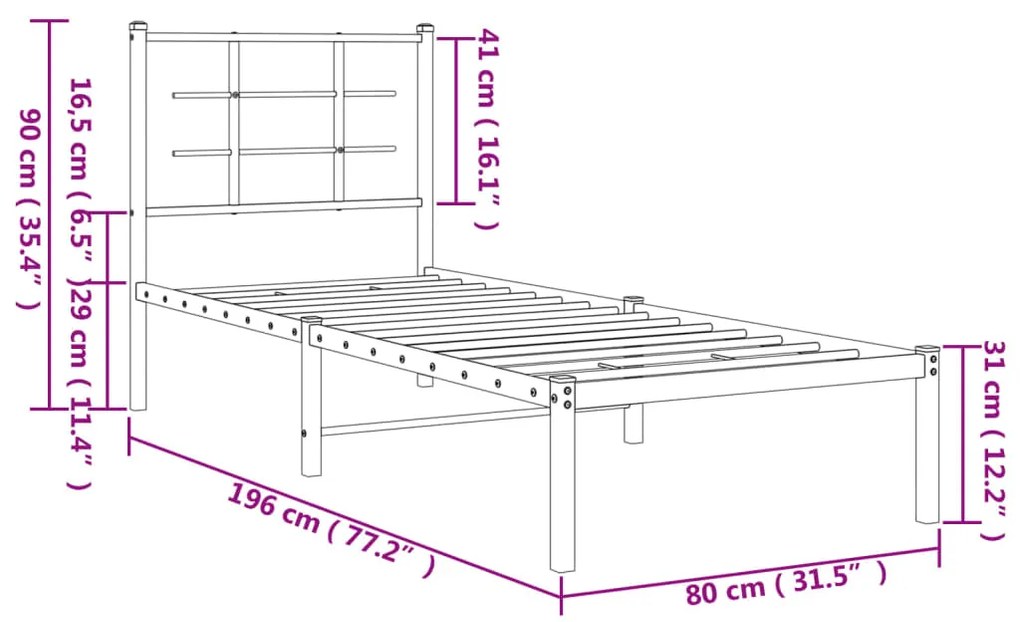 Estrutura de cama com cabeceira 75x190 cm metal branco