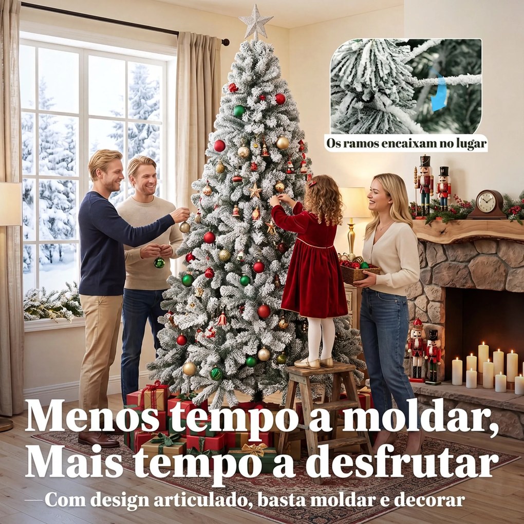 Árvore de Natal Nevada 230 cm com 1000 Pontas em PVC Ignífugo, Ramos Articulados, Montagem Rápida, Verde e Branco
