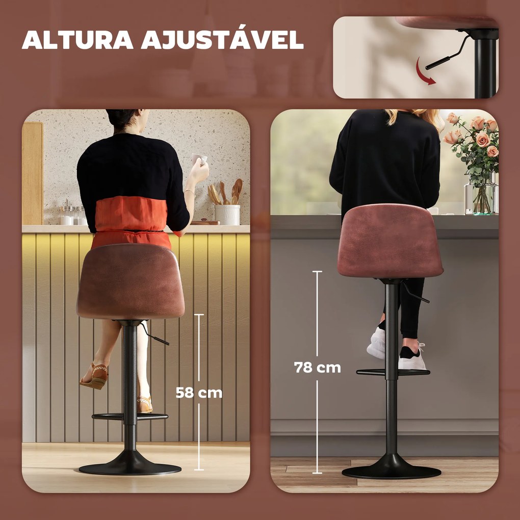 Conjunto 2 Bancos de Bar Reguláveis em Altura 84-104 cm com Encosto e Apoio para os Pés Estofadas em PU Giratórias em 360° Castanho