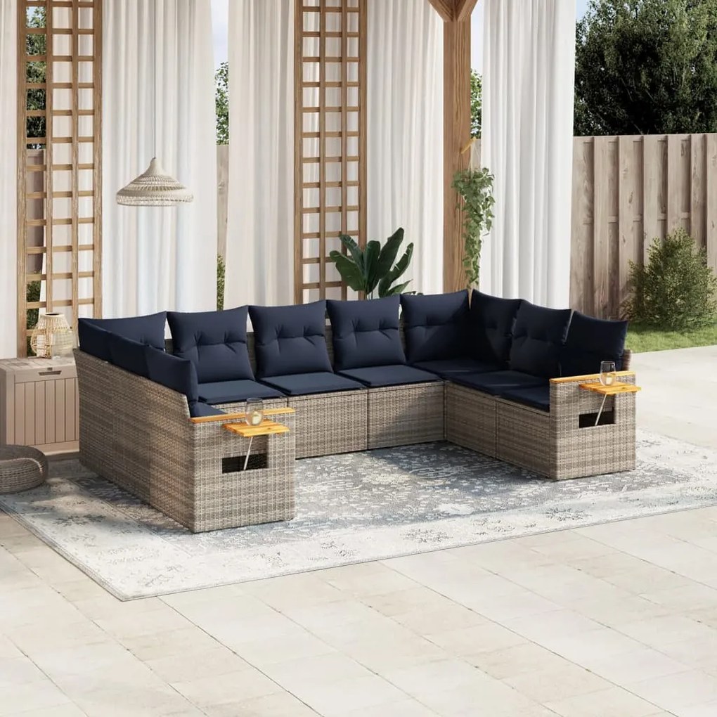 9 pcs conjunto sofás p/ jardim c/ almofadões vime PE cinzento