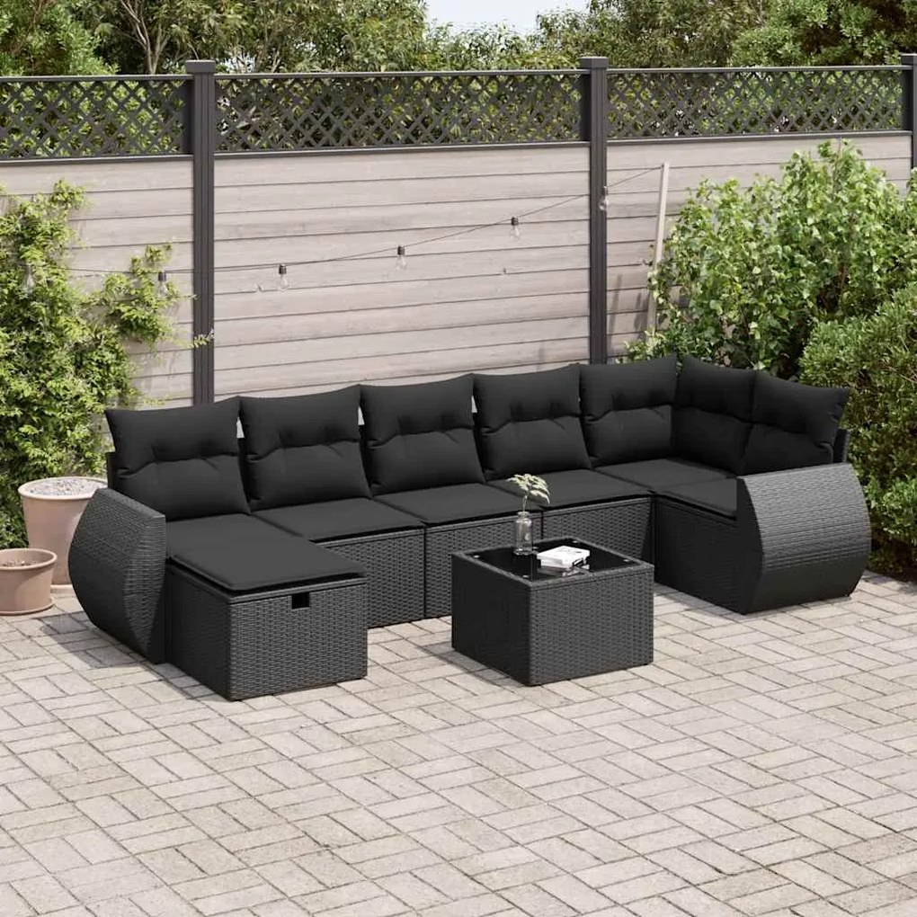 8 pcs conjunto sofás de jardim com almofadões vime PE preto