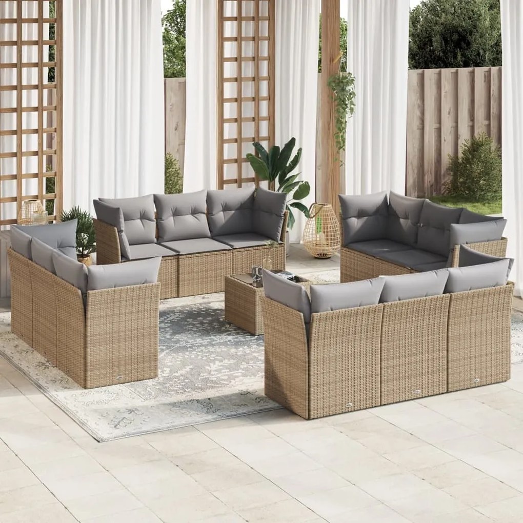 vidaXL 13 pcs conjunto de sofás p/ jardim com almofadões vime PE bege