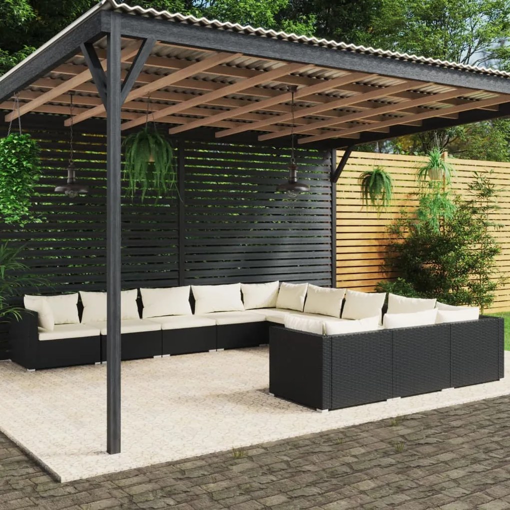 vidaXL 11 pcs conjunto lounge de jardim c/ almofadões vime PE preto