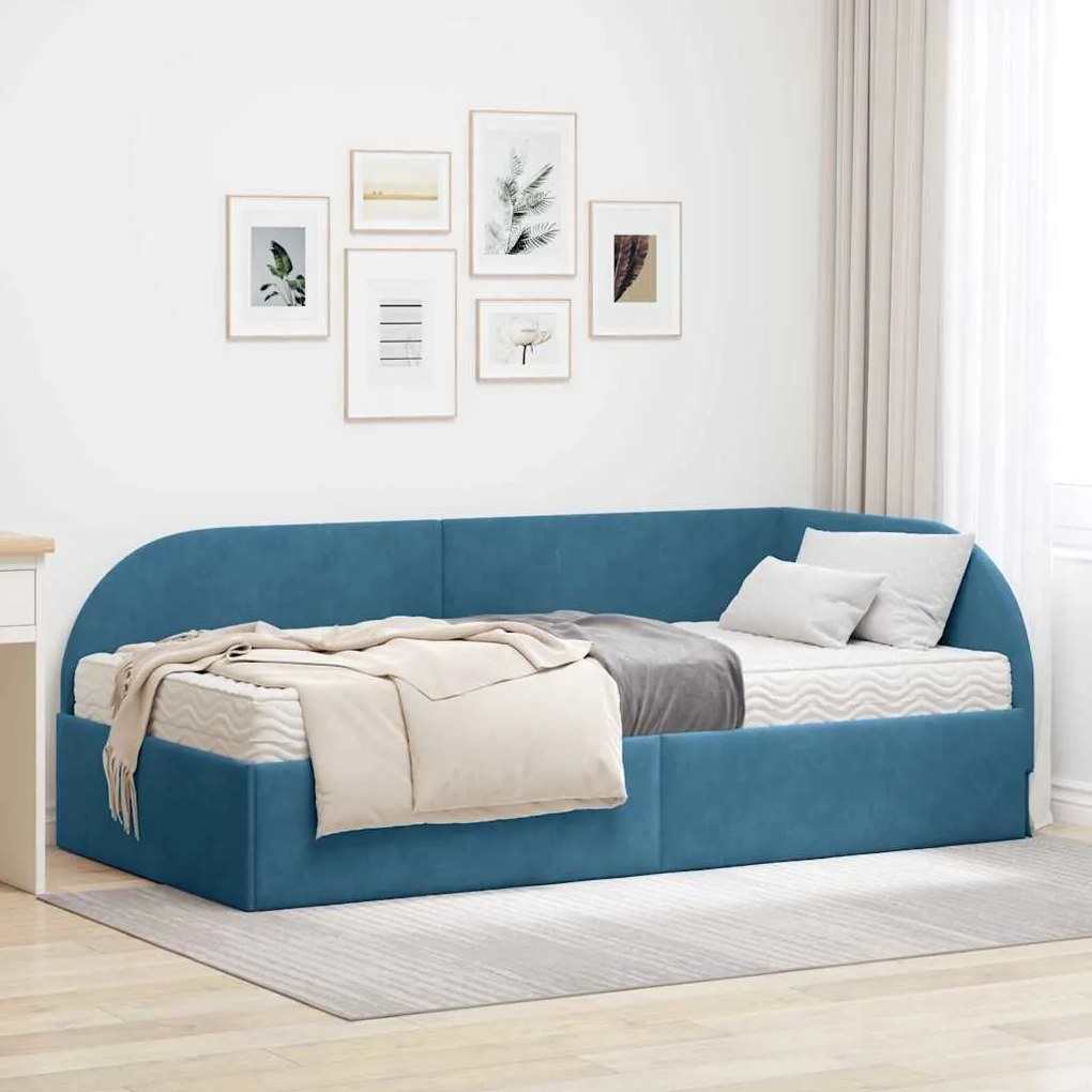 vidaXL Estrutura de Cama de Canto com Colchão Manual 2 pcs Azul Veludo