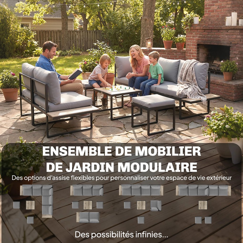 Conjunto de jardim para 6 pessoas, modular, com mesa baixa e extensões laterais em madeira PSPC e almofadas grossas de 10 cm, cinzentas