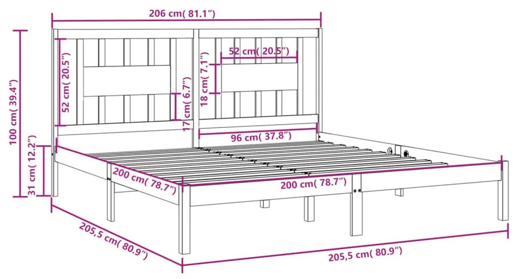 Estrutura de cama 200x200 cm madeira de pinho maciça