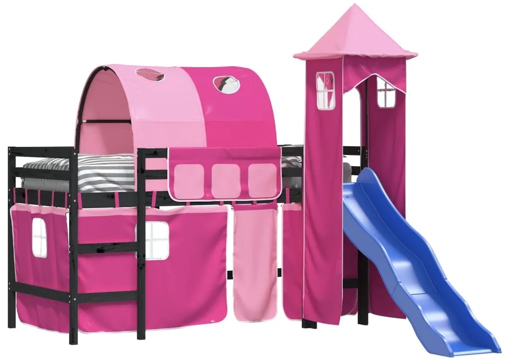 Cama alta para criança com torre 90x190 cm pinho maciço rosa