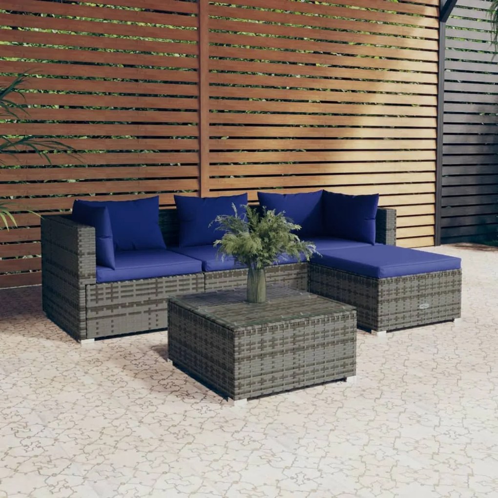 vidaXL 5 pcs conjunto lounge de jardim c/ almofadões vime PE cinzento
