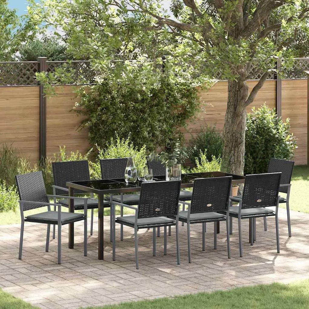 vidaXL Conjunto de Jantar de Jardim com 9 Peças e Almofadas Preto em Rattan Poliéster