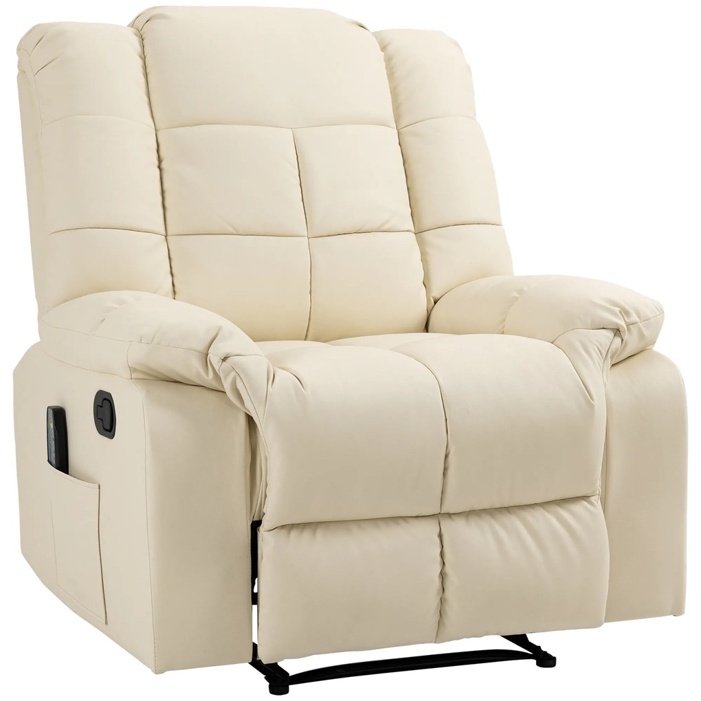 HOMCOM Poltrona de Massagem Poltrona Relax Reclinável com 8 Pontos de Massagem Controlo Remoto Estofada em PU 94x99x99 cm Creme | Aosom Portugal