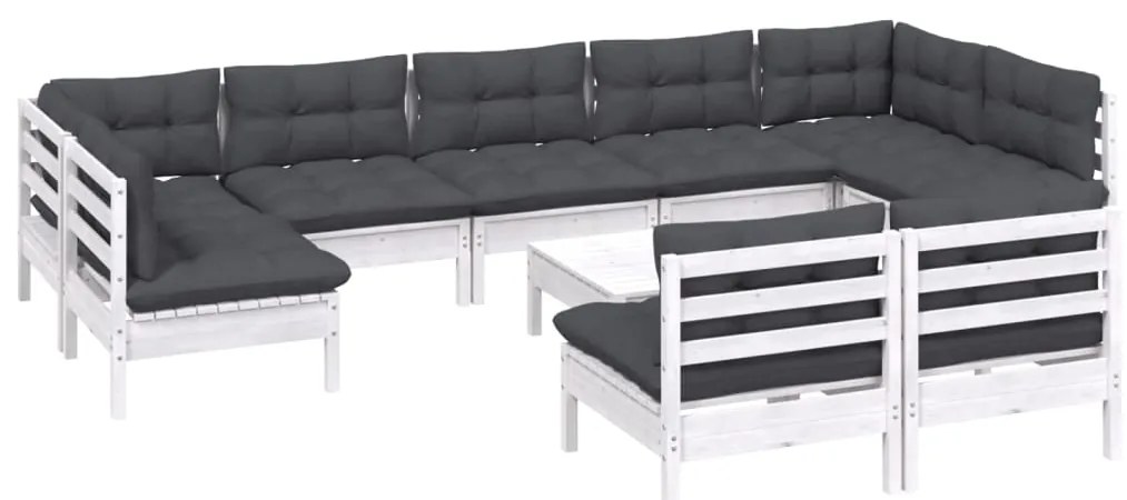 10 pcs conj. lounge de jardim c/ almofadões pinho maciço branco