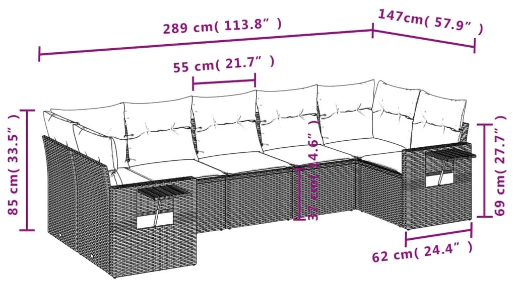 7 pcs conjunto de sofás p/ jardim c/ almofadões vime PE preto