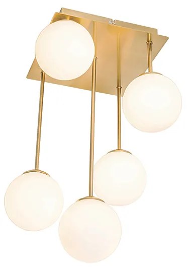 Candeeiro de teto moderno dourado com vidro opalino 5 luzes - Athens Moderno