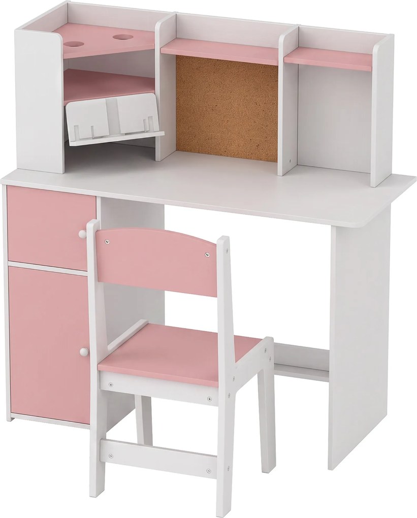 Secretária Infantil com Cadeira, Suporte Ajustável para Tablet, Porta-lápis, Quadro de Cortiça, Estantes e Armários, Rosa