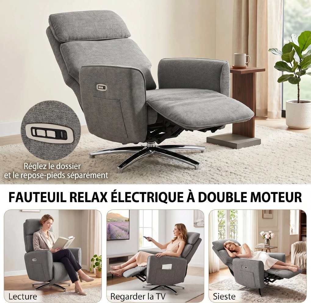 Poltrona Relaxante Elétrica Giratória, 87 x 76 x 114 cm, Apoio de Cabeça Regulável, Cinzenta