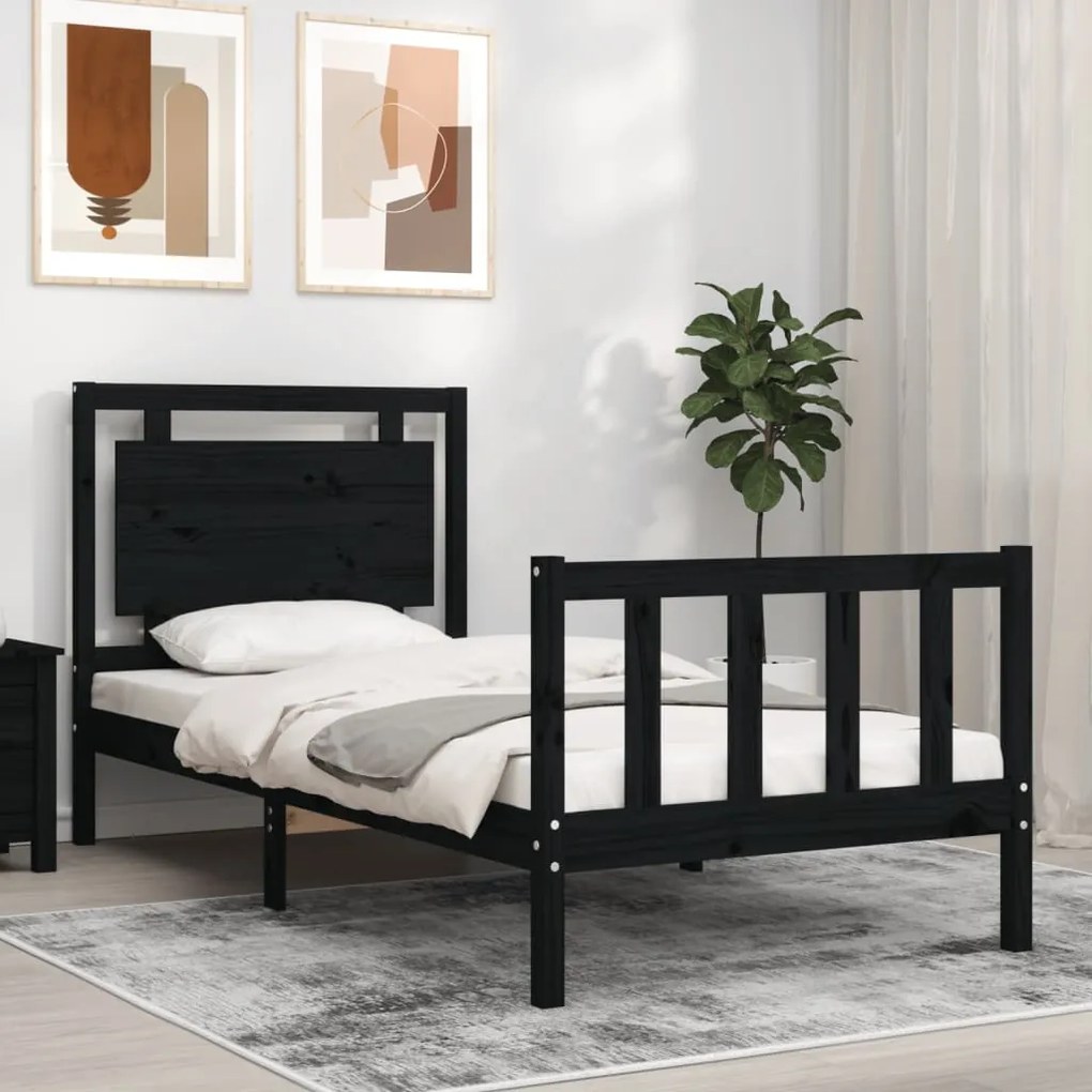 vidaXL Estrutura de cama com cabeceira 90x200 cm madeira maciça preto